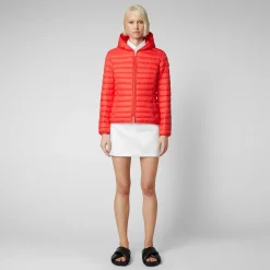 Piumini Animal-Free^Save The Duck Piumino Animal Free Con Cappuccio Donna Daisy Rosso Acceso